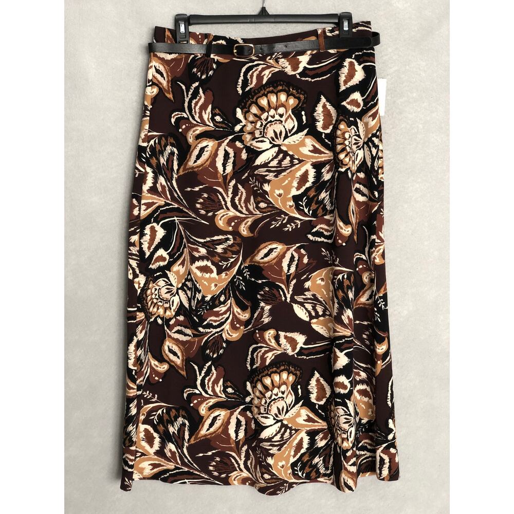 Messini Belted Midi Skirt Belted Floral Brown Women's 1X NEW